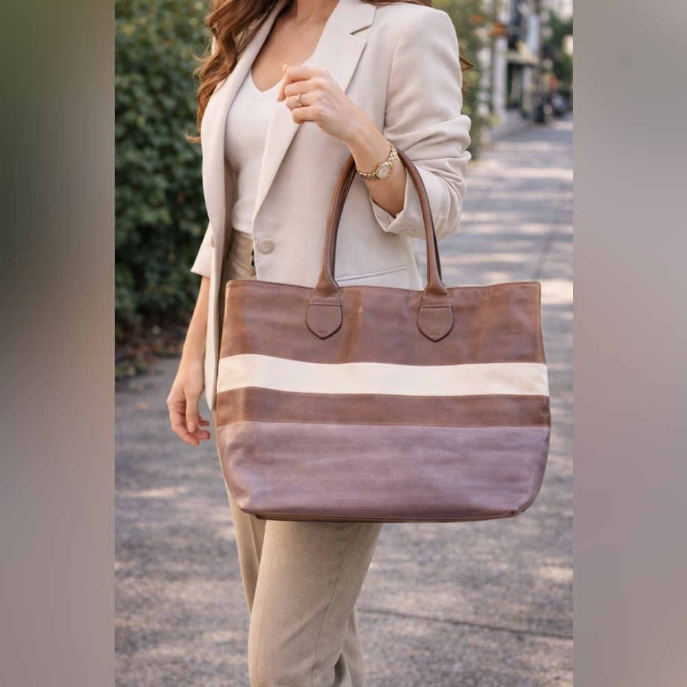 Cole Haan Leather Tote Colorblock Brown Cream Mauve Shoulder Bag